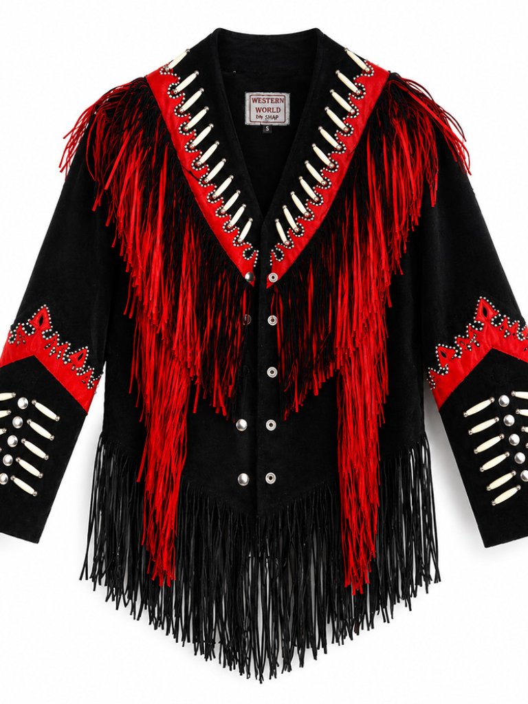 Western World Women's Western Fringe Show Jacket Black Red Studded Size S